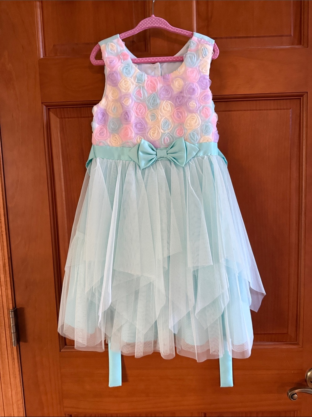 Jona Michelle Pastel Rose Bodice Aqua Tulle Dress with Bow
